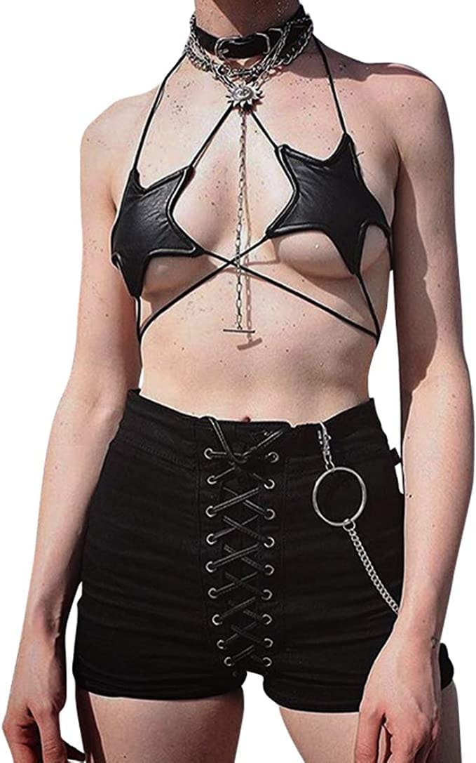 YYUNANG Women's Cut Out Lace-Up Sexy Bra,Star Bra Crop Top Star Bikini Top Lace Up Halter Bralette Bandeau Camisole: Black