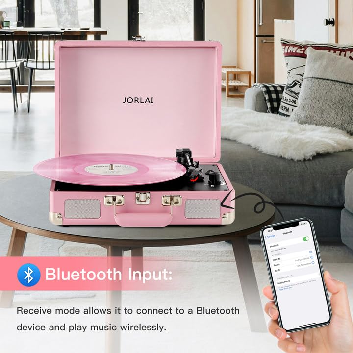 JORLAI Pink Vinyl Record Player 3 Speeds Portable Suitcase Turntable with Built-in Dual Speakers, Bluetooth Gramophone with Built-in Battery 3.5mm Aux Input/RCA Output