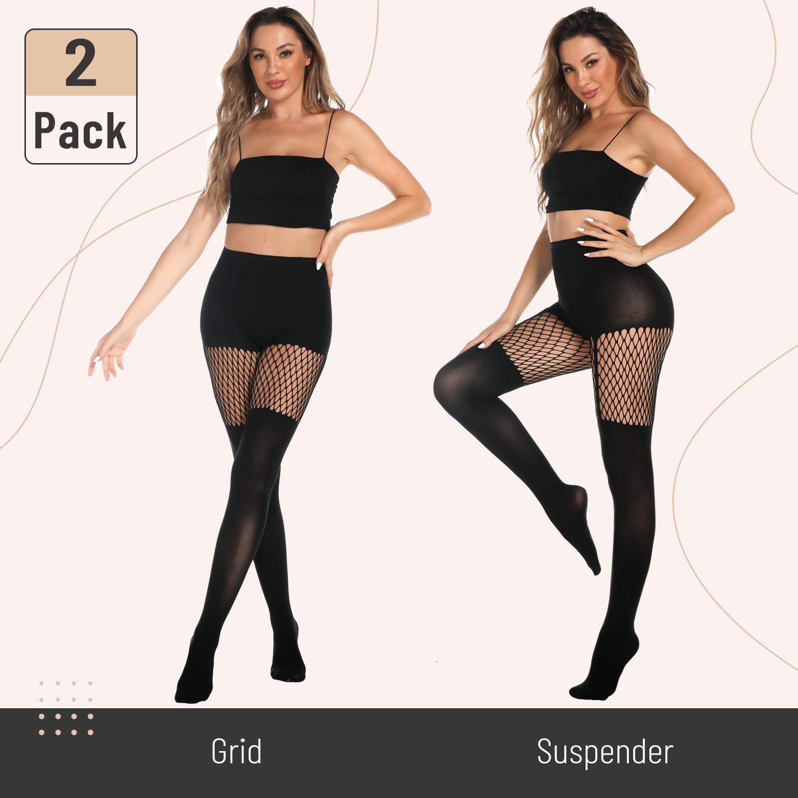 MANZI Womens Faux Thigh High Fishnet Stockings Stitching Opaque Pantyhose Mock Over the Knee Goth Striped Suspender Tights: One Size 1 Grid + 1 Suspender