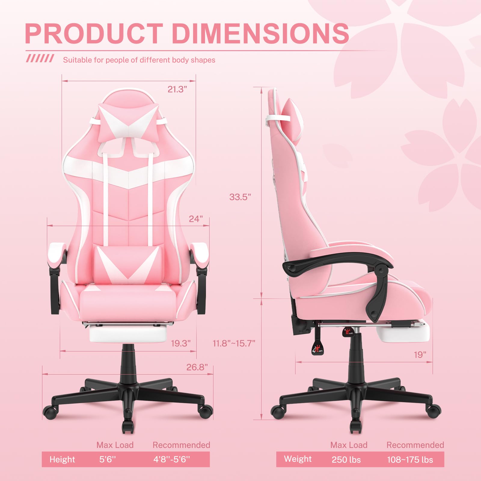 Soontrans Pink Gaming Chair with Footrest,Lovely Bunny Computer Gamer Chair,Gamer Desk Chair for Granddaughter,Sister,Girlfriend,Wife and Love (Pink) thumbnail 3