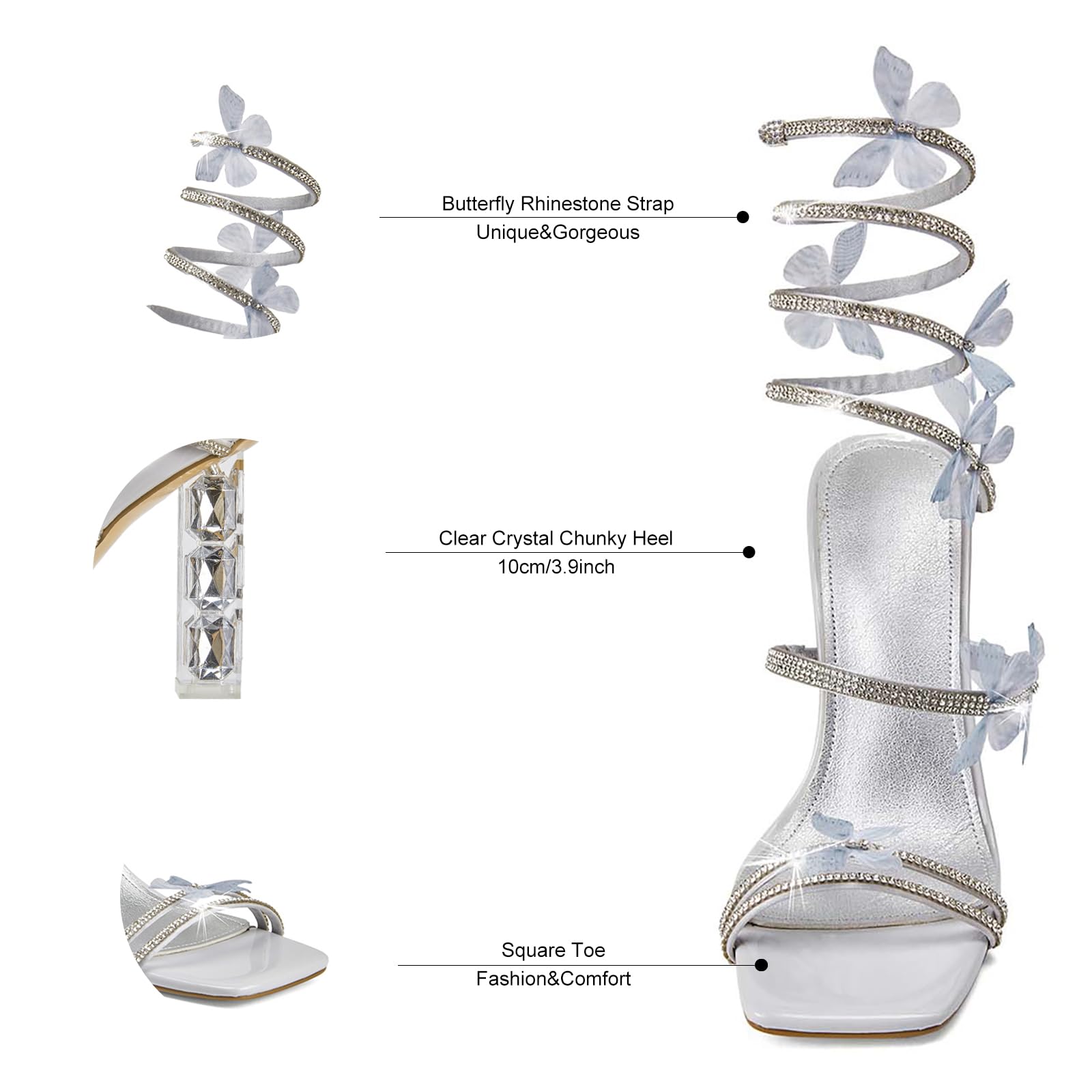 Womens Lace Up Sandals Square Open Toe Chunky High Heels Rhinestone Strappy High Block Heel Sandals Sparkly Dress Party Wedding Shoes: 9.5 Silver Grey