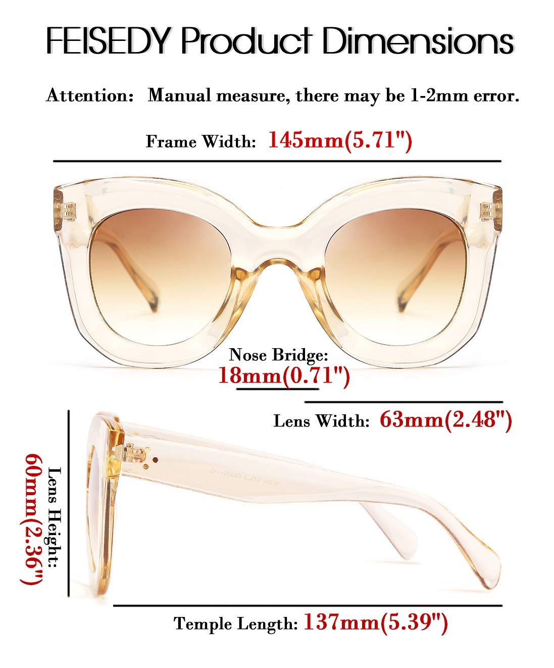FEISEDY Retro Oversized Square Horn Sunglasses Semi Cat Eye Butterfly Glass Big Thick Bold Frame B2572 thumbnail 7