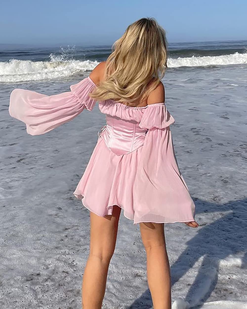 TSMNZMU Womens Two Piece Sets Corset Dress Off Shoulder Bell Sleeve Chiffon Dresses Lace-Up Mini Bustier Party Dress - Image 3
