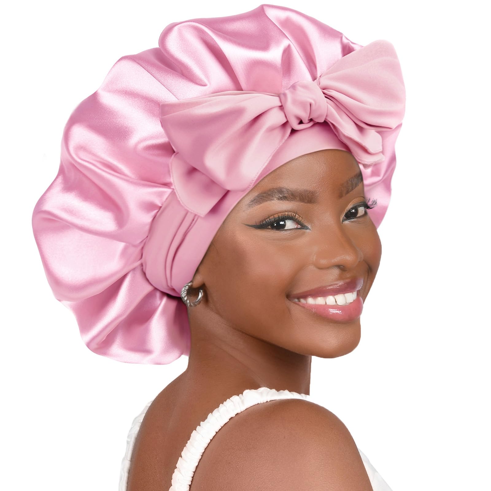YANIBEST Silk Bonnet for Sleeping Women Satin Bonnet Double Layer Satin Lined Hair Bonnet with Tie Band Curly Hair Blush Pink: Large Pink