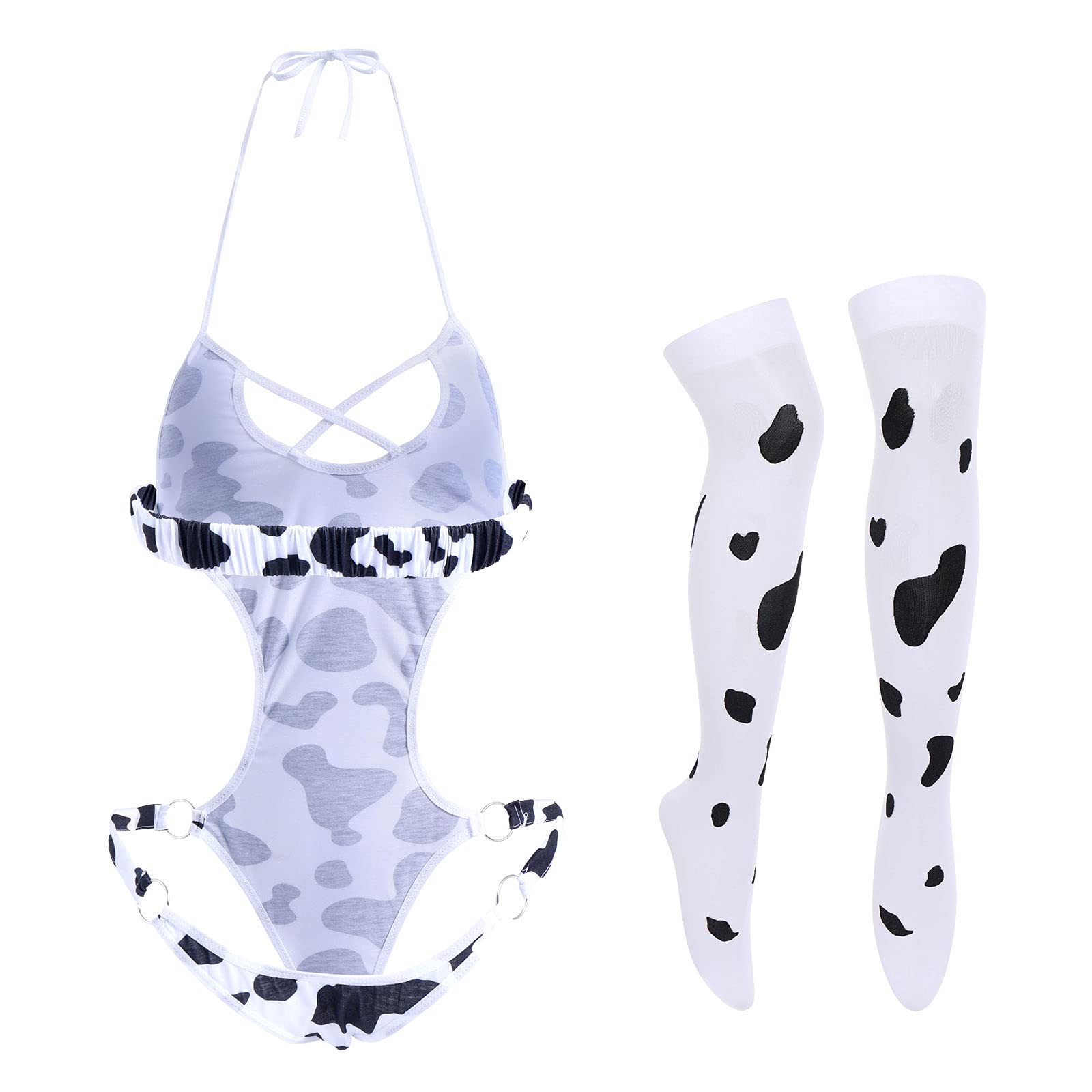 FYMNSI Women Sexy Milk Cow Lingerie Set Anime Maid Cosplay Costume Mini Bikini Bra Bodysuit with Bell Choker Stockings Outfit thumbnail 2