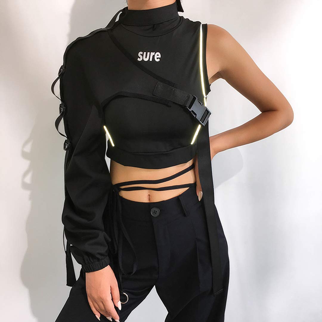 FlyCC Women Sexy One Shoulder Adjustable Buckle Crop Tops - Reflective Festival Rave Form Fitting Shrugs: Black