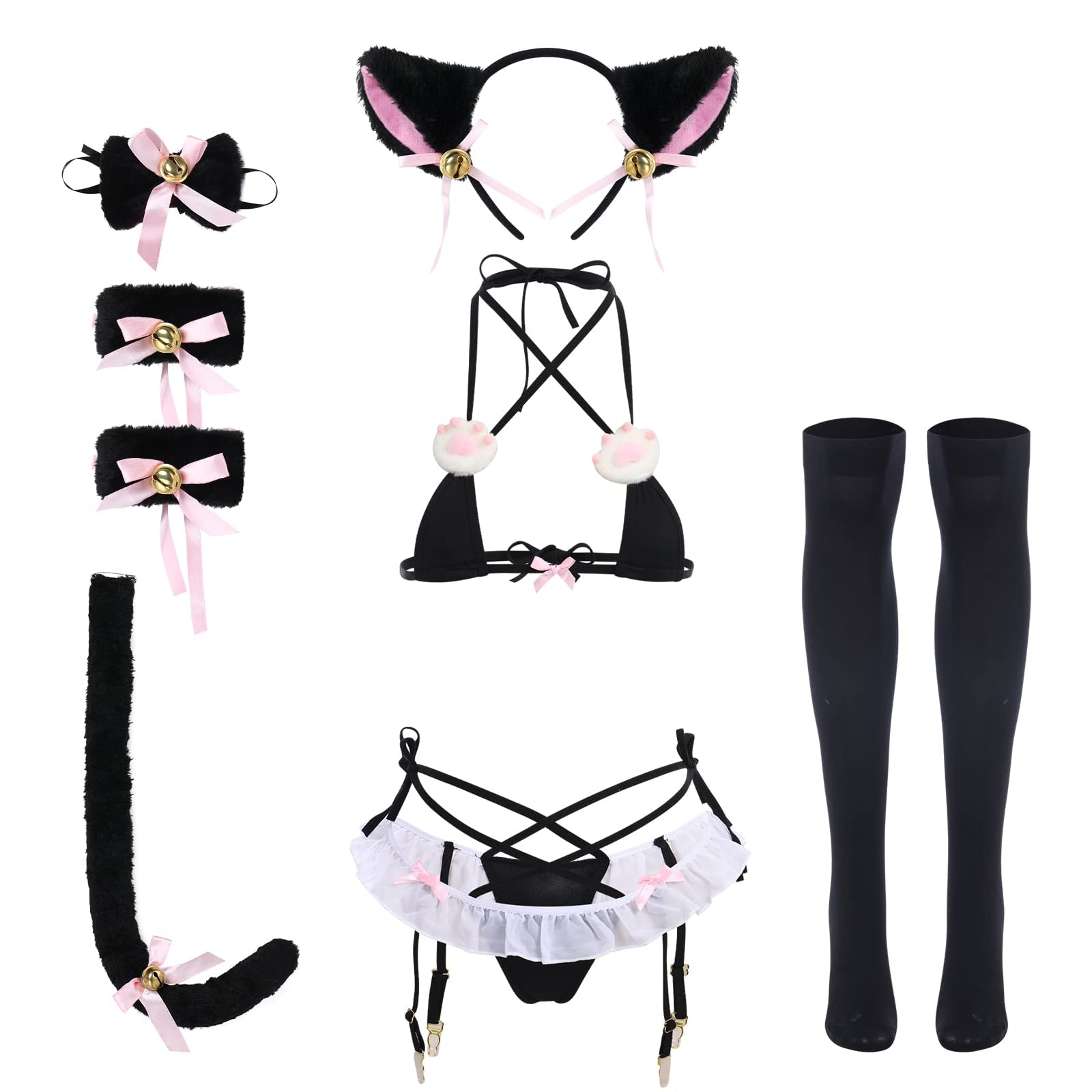 ABAFIP Women's Cute Anime Kawaii Cat Kitten Cosplay Strappy Lingerie Halter Micro Bra Panty Headband Garter Stockings Set: One Size Black-01