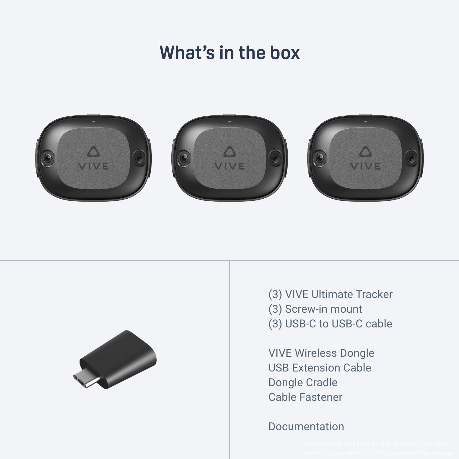 HTC Vive Ultimate Tracker 3 Pack + Dongle - VR Full Body Tracking - Compatible with SteamVR, Vive XR Elite, Meta Quest Virtual Reality Headsets thumbnail 6