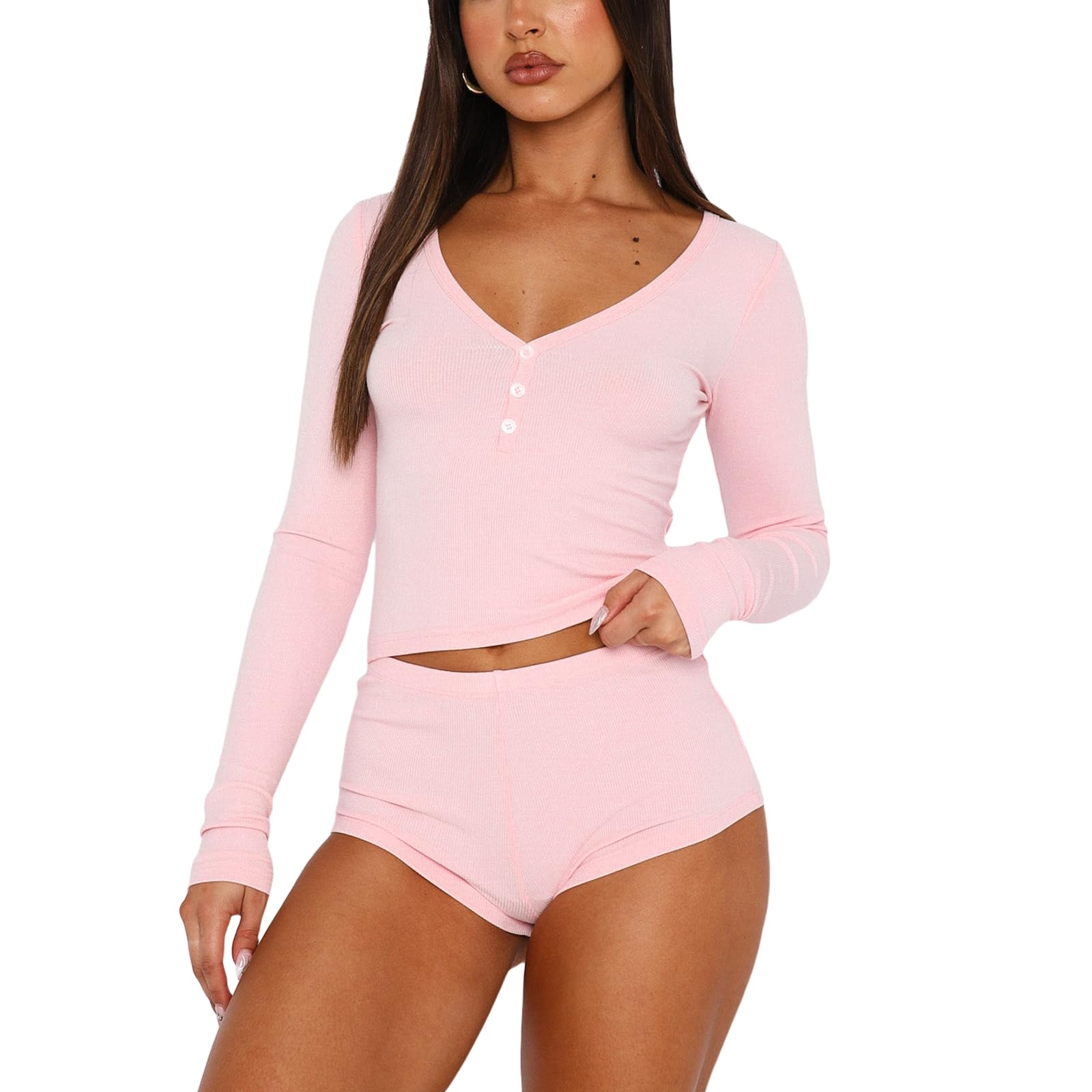 Multitrust Women Two Piece Lounge Set Long Sleeve Crop Tops and High Waist Shorts Ribbed Matching Pajamas Sets Loungewear: Large Pink