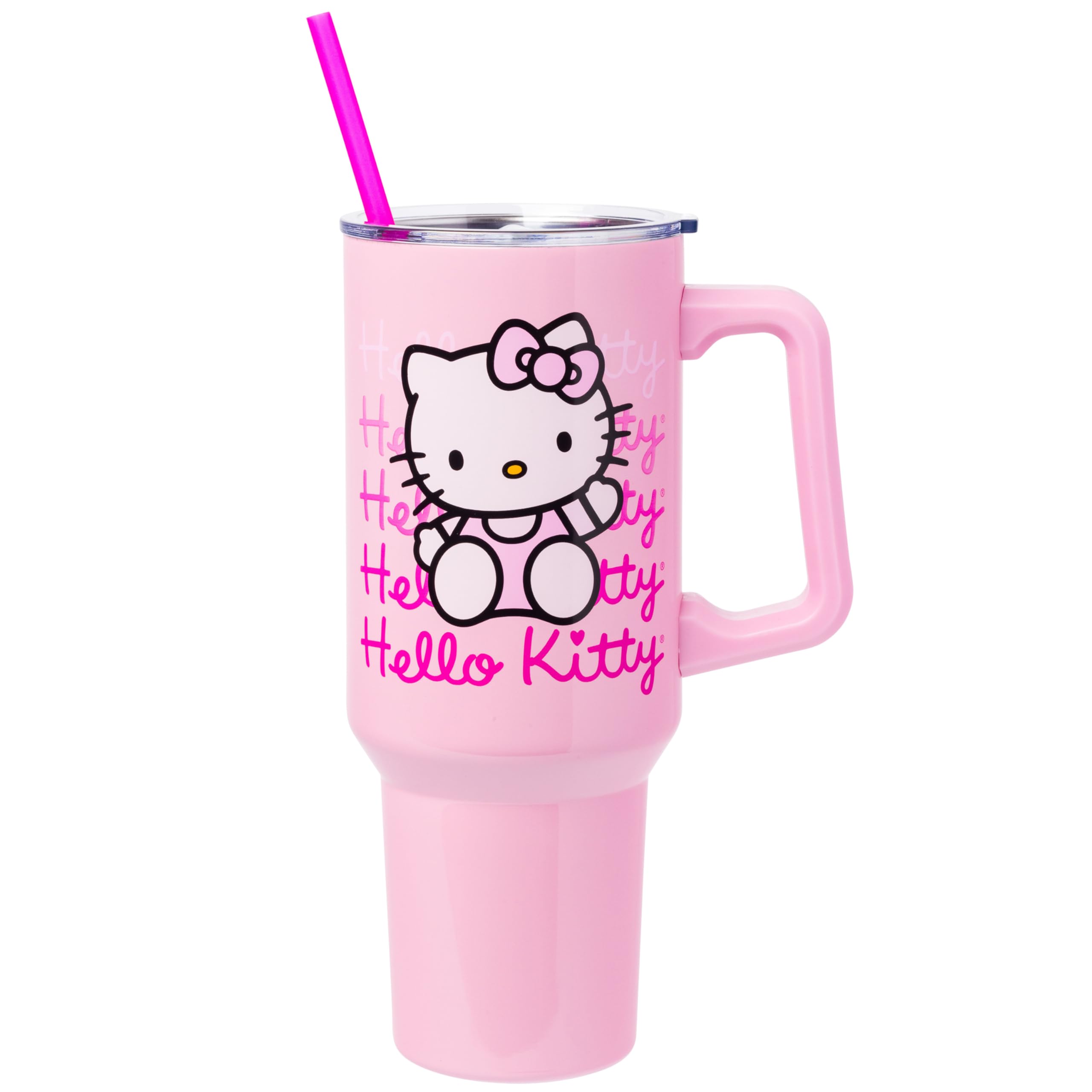 Silver Buffalo Sanrio Hello Kitty Waving Stainless Steel Tumbler with Handle and Straw, Fits in Standard Cup Holder, 40 Ounces