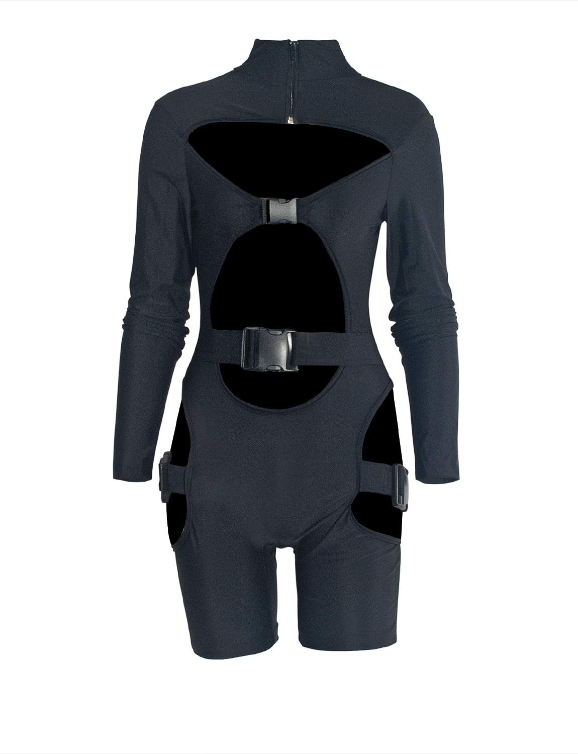 VWIWV Women Long Sleeves Jumpsuit Bodycon Buckle Romper Sexy Hollowing Out Bodysuit Short Jumpsuit Pants: Small Black