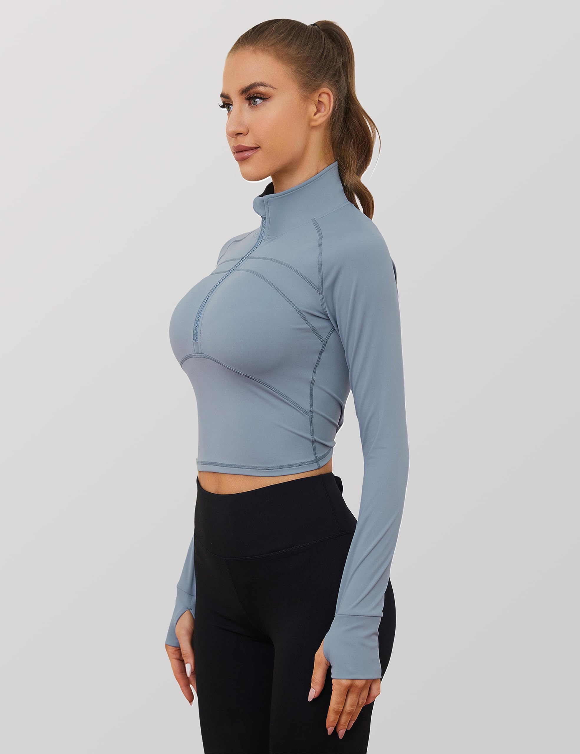 UANEO Long Sleeve Cropped Workout Tops for Women Gym Yoga Athletic Tops 1/2 Zip Jackets: Small Dustyblue