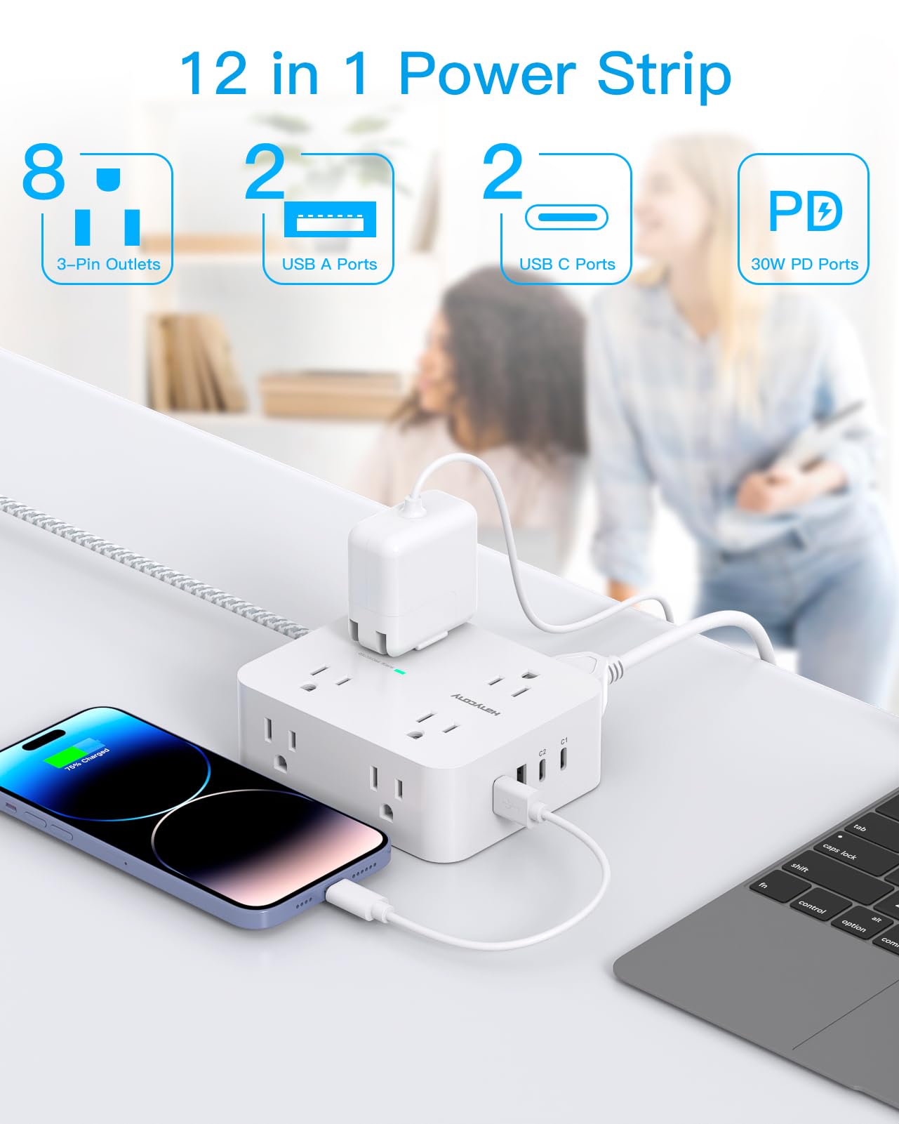 Surge Protector Power Strip - HANYCONY 8 Outlets 4 USB (2 USB C) Charging Ports, Multi Plug Outlet Extender, 5Ft Braided Extension Cord, Flat Plug Wall Mount Desk Charging Station for Home Office ETL thumbnail 2