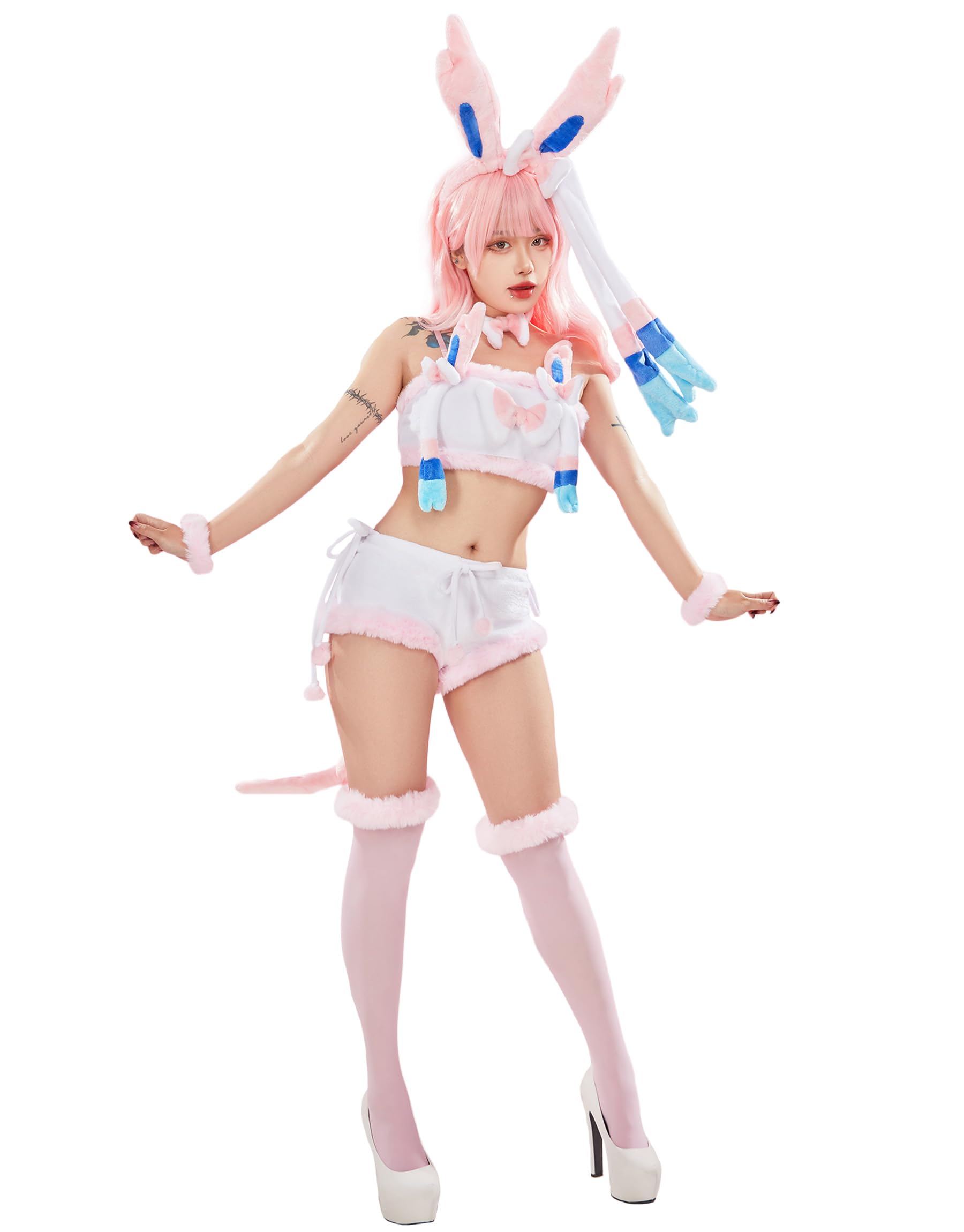 Mobbunny Women Cute Pajamas Set Pink Furry Tube Top and Shorts Anime Cosplay Homewear Sleepwear: Small