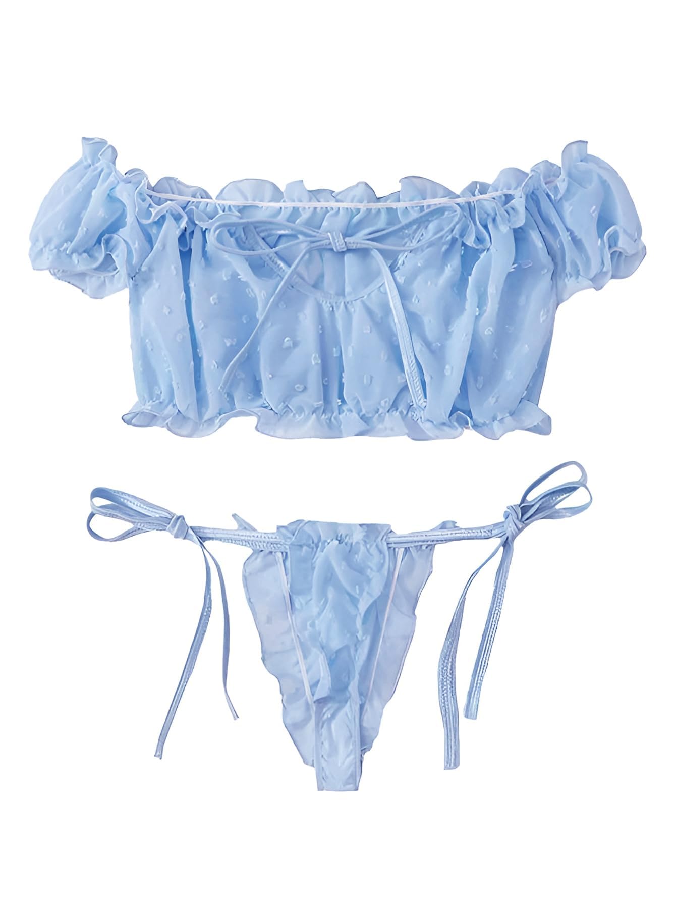 Lilosy Sexy Stretch Ruffle Tie Sheer Mesh Lingerie Set Outfits: Chiffon Medium Chiffon Light Blue