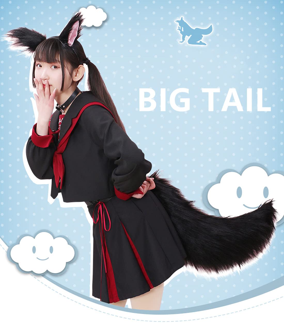 Fxaelian Faux Fur Animal Big Tail Fox Cat Dog Wolf Tail Set Halloween Cosplay Party Costume Accessory: Pure Black