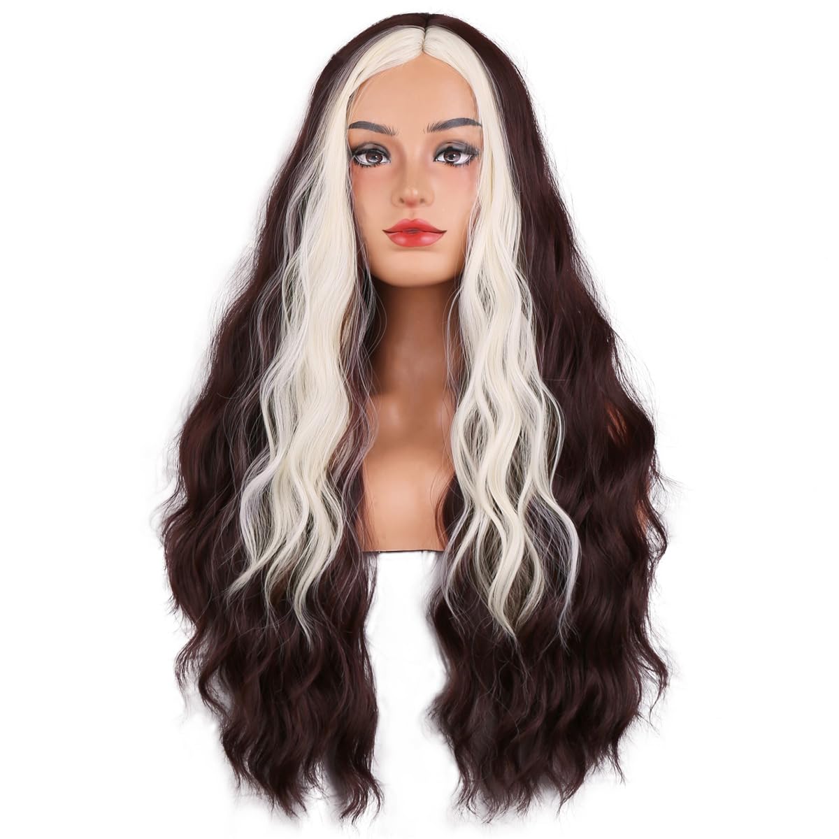 MAGQOO  Flame Fire Wig - Long Curly Wavy Ombre Wigs for Women & Girls - Middle Part, Heat Resistant, High Density Synthetic Wigs: Brown White