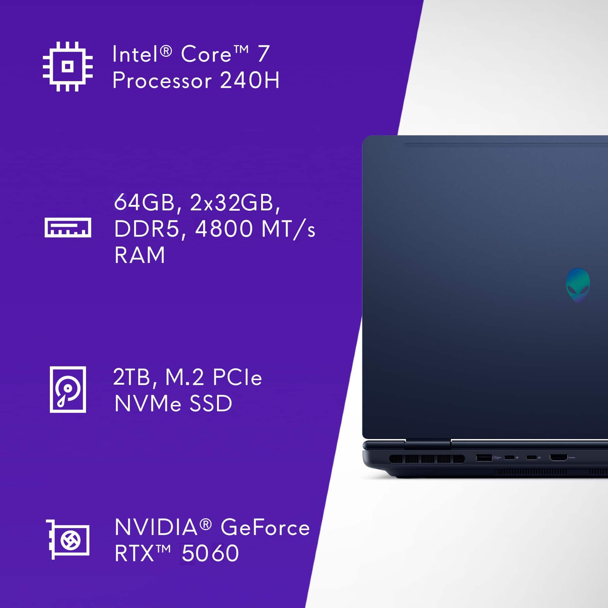 2025 Alienware 16 Aurora Gaming Laptop (16" QHD+ 120Hz, Intel 10-Core 7 240H (> i7-13620H), 64GB DDR5, 2TB SSD, NVIDIA GeForce RTX 5060 8GB), Backlit Keyboard, Wi-Fi 7, Ethernet, Webcam, Win 11 Home