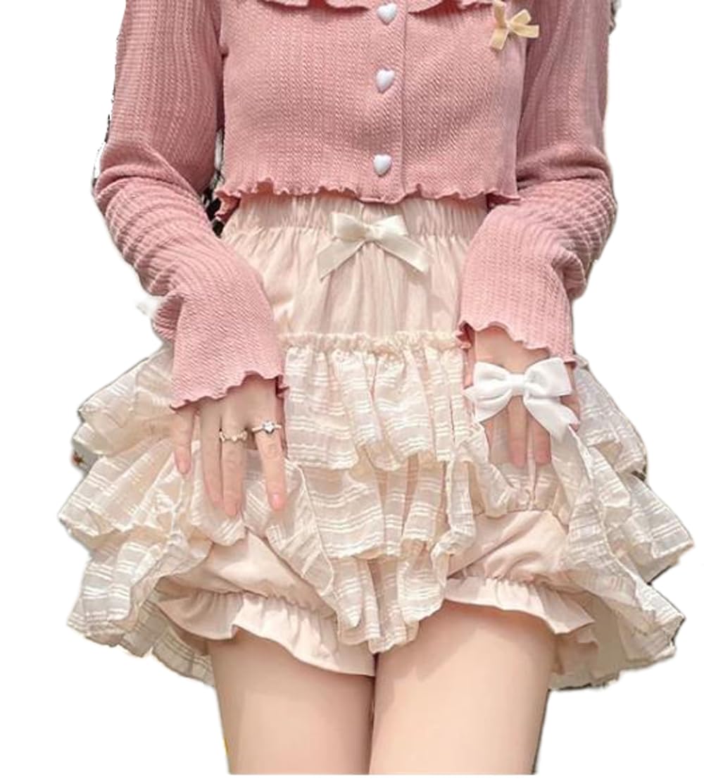 SOLILOQUY Women's Lolita Kawaii Mini Skirts Elastic Waist Tiered Ruffle Mini Skirts/Skort Japanese Korean Cute Sweet Skirt thumbnail 1