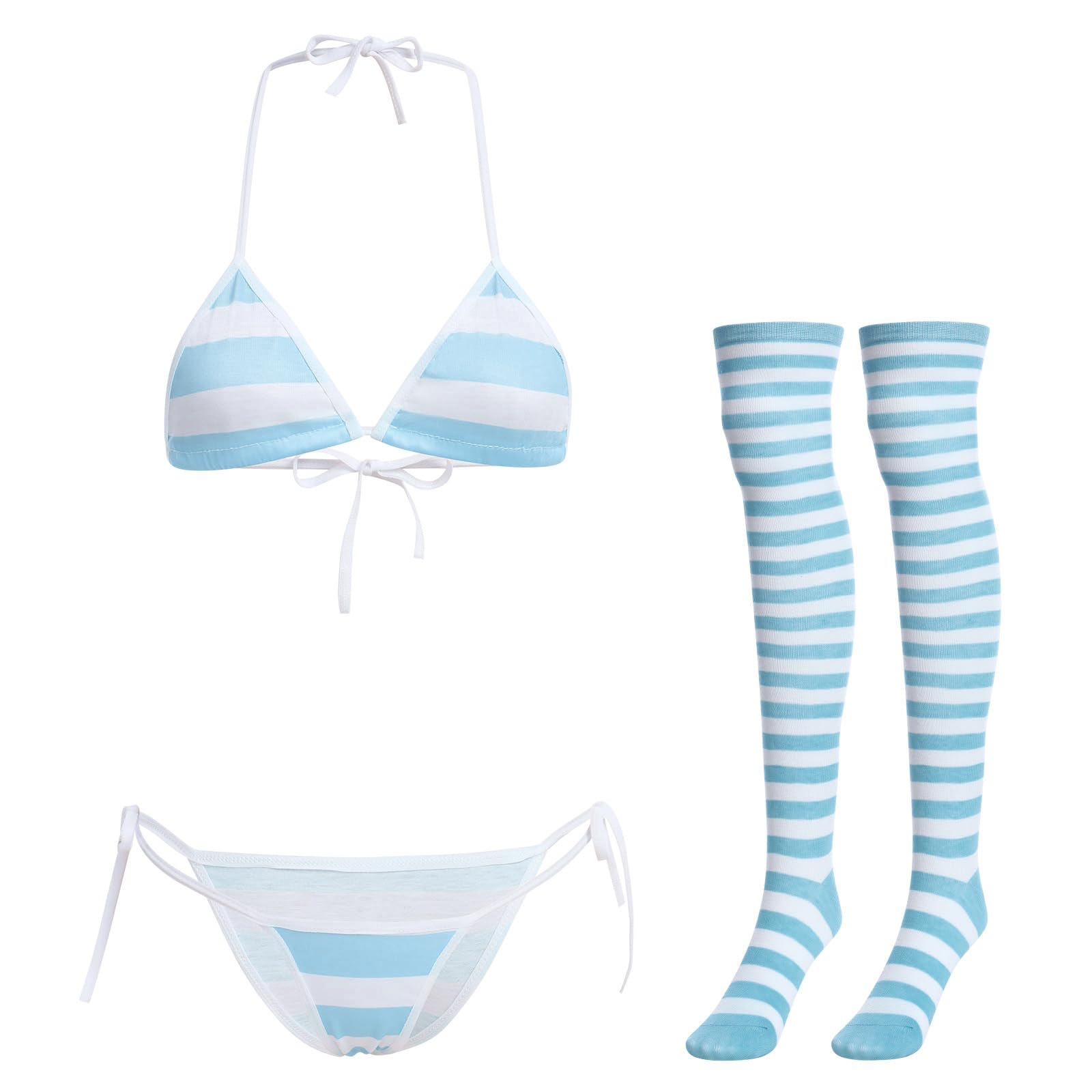 ABAFIP Women Cute Kawaii Anime Lingerie set Halter Strap Micro Bra Tiny Panty Garter Belt Striped Stockings 4Pcs Underwear: One Size Blue - Wide Stripes