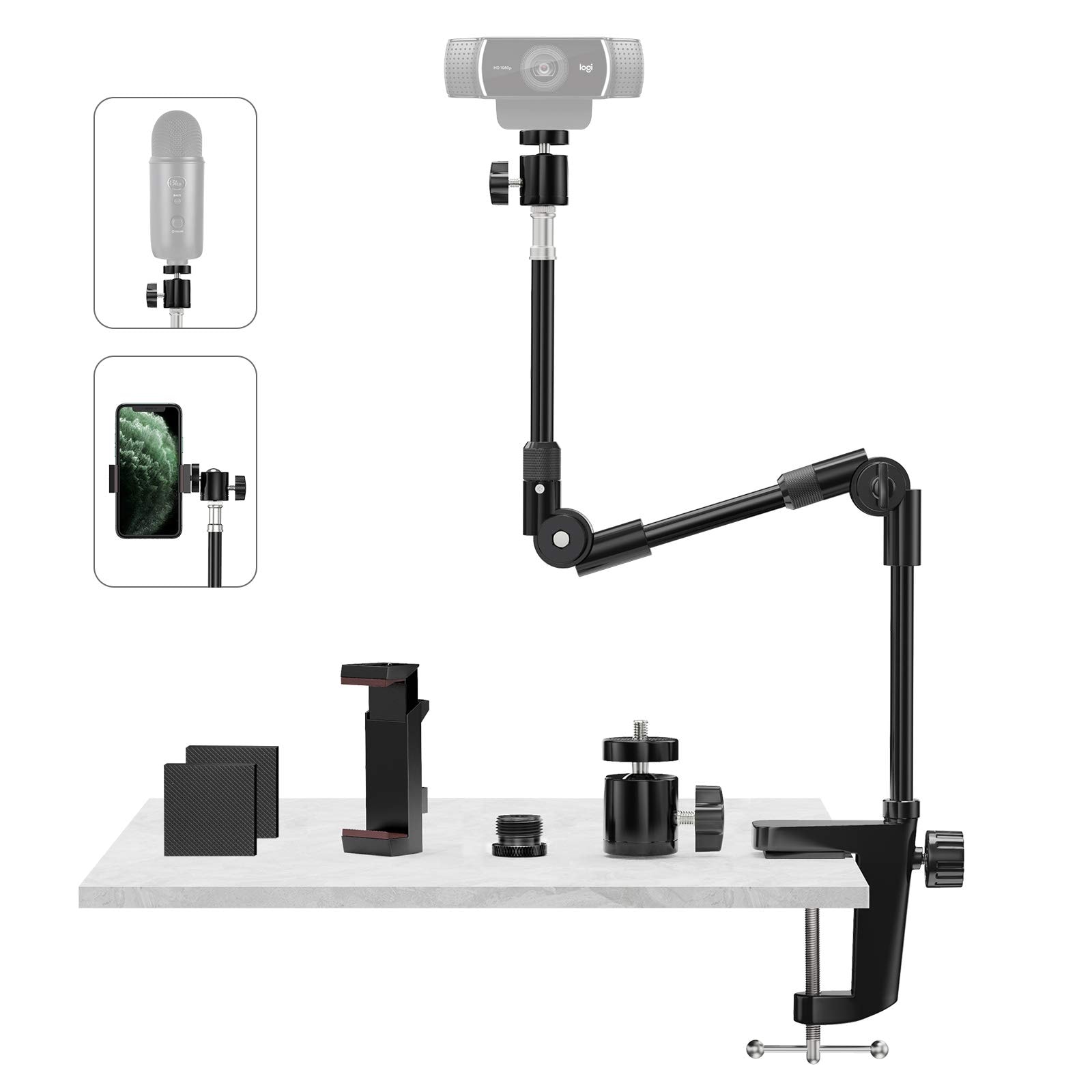 Webcam Stand Camera Mount with Phone Holder & 5/8" Screw, 22in Flexible Projector Stand Gooseneck Desk Mic Stand for Logitech C922 C930e C920 C615 C960 Brio 4K, GoPro, Blue Yeti Snowball Ice