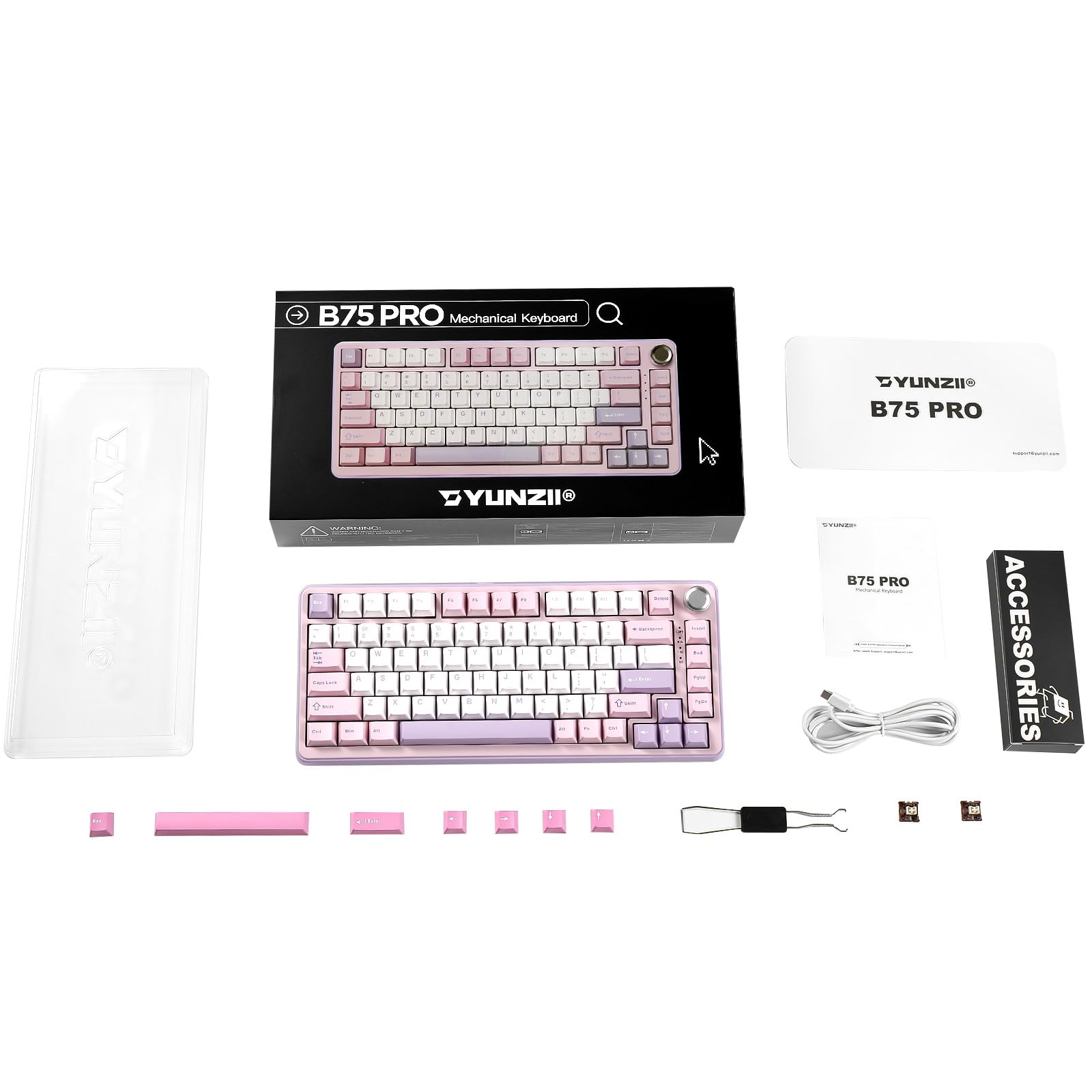 YUNZII B75 PRO Wireless Mechanical Keyboard,75% Layout with Knob,Hot Swap Gasket Custom Structure,Creamy Pre-lubed Switches,RGB Backlit,Bluetooth/Type-C/2.4G for Win/Mac(Milk Switch,Purple)