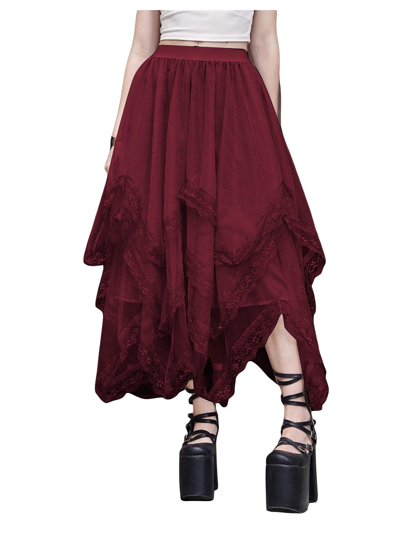 SHENHE Women's Lace Trim Layered Mesh Tulle Skirt High Waist Asymmetrical Long Goth Skirt