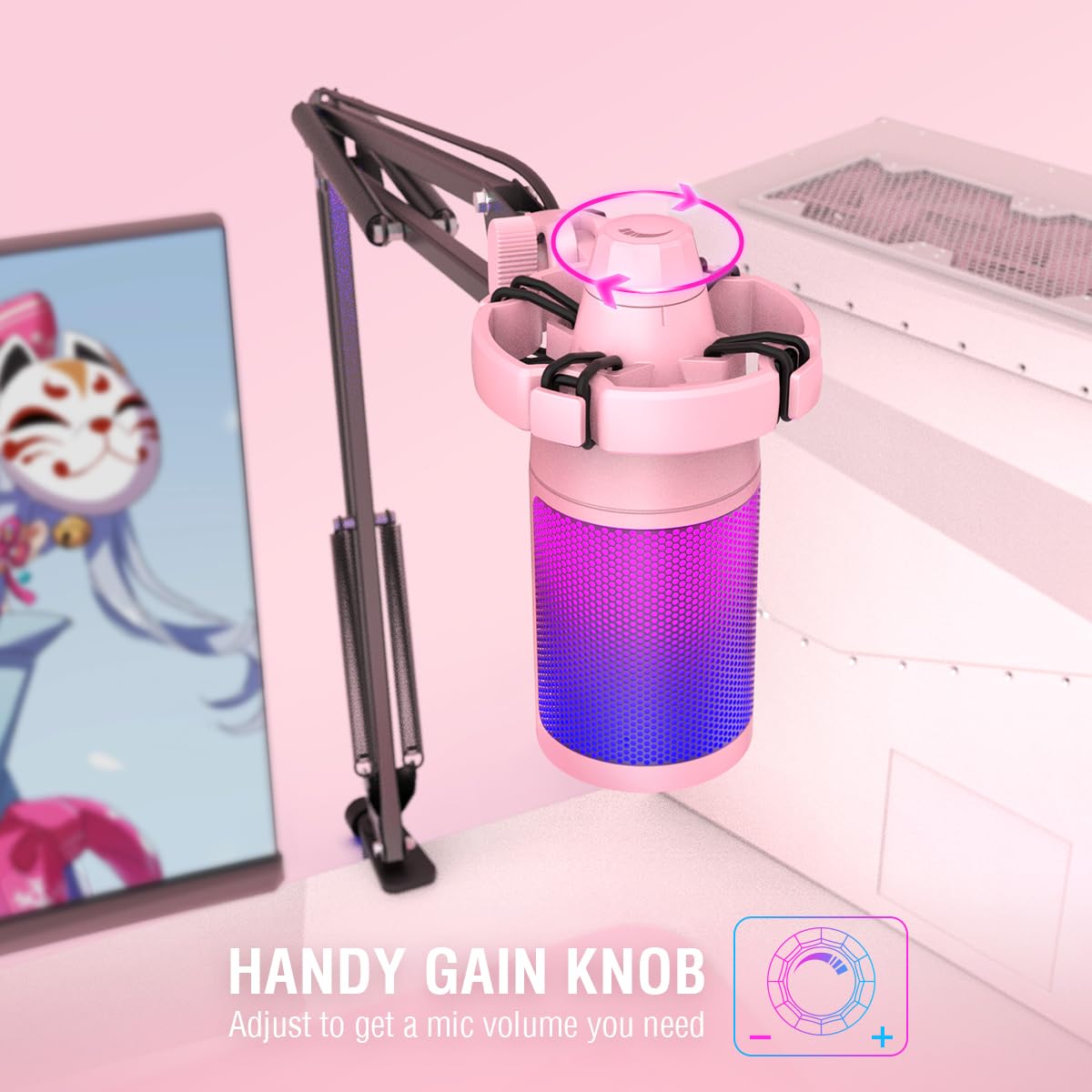 FIFINE Gaming PC USB Microphone, Podcast Condenser Mic with Boom Arm, Pop Filter, Mute Button for Streaming, Twitch, Online Chat, RGB Computer Mic for PC Gamer Youtuber-AmpliGame A6T: Pink