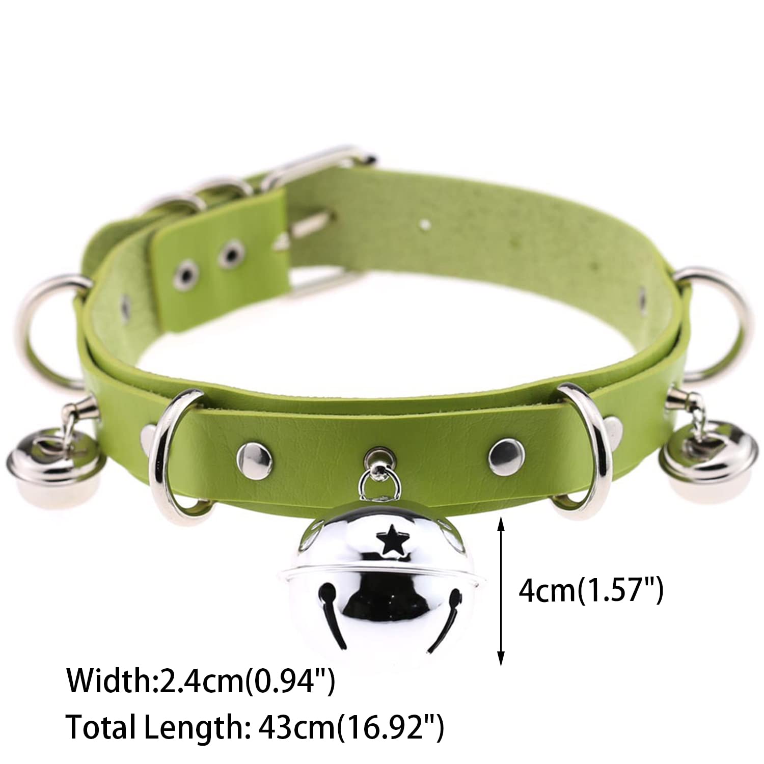 FM FM42 Multicolor PU Simulated Leather Black-tone Silver-tone 4cm Large Bell Rivets Neckband Choker Necklace: Silver-tone Bell &amp; Green