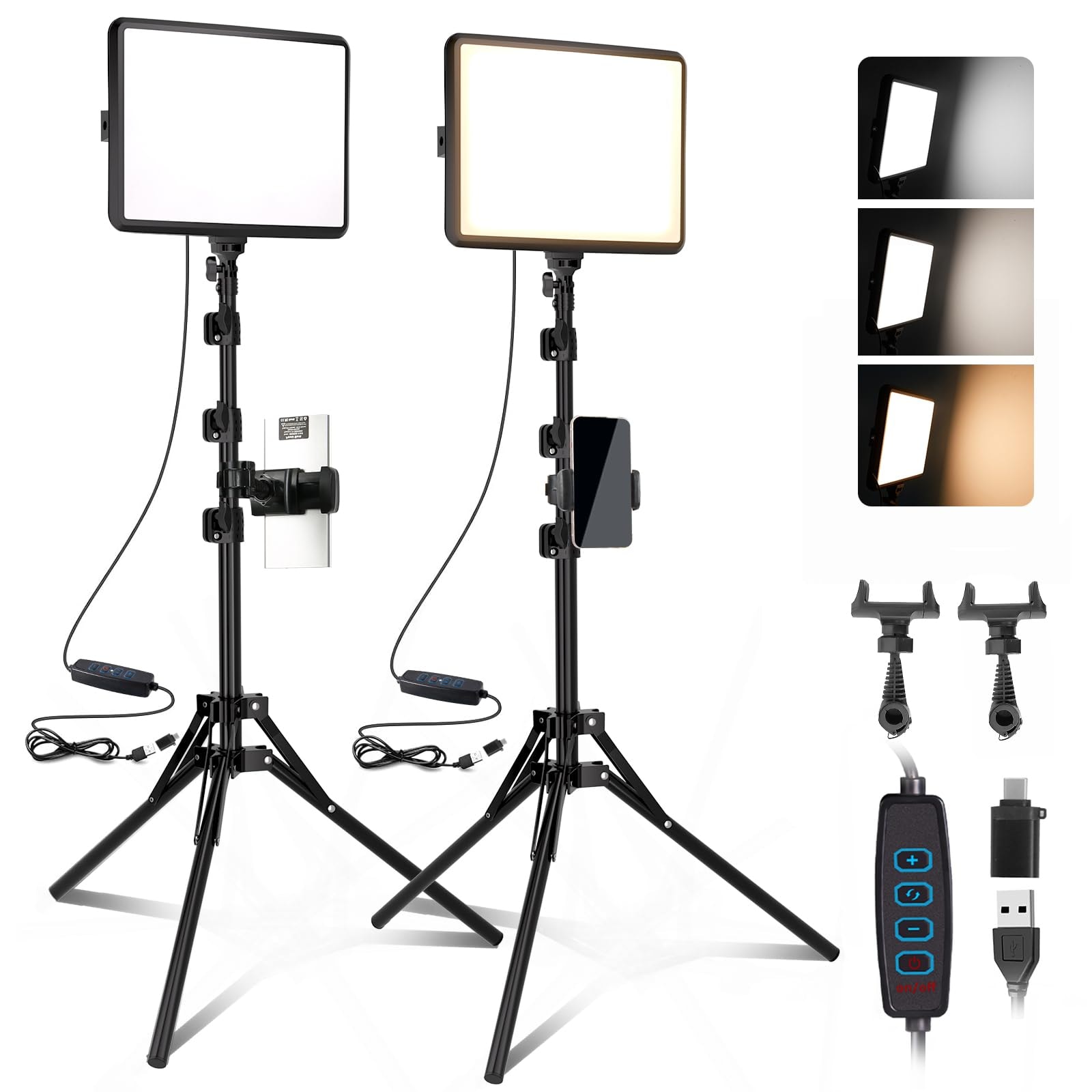 2-Pack Photography Lighting Kit, NiceVeedi 22W LED Video Light Kit, 2900-7000K Dimmable Studio Light with Tripod Stand, 73" Stream Light for Video Recording: 15W-2 Packs(USB-C Adapters)