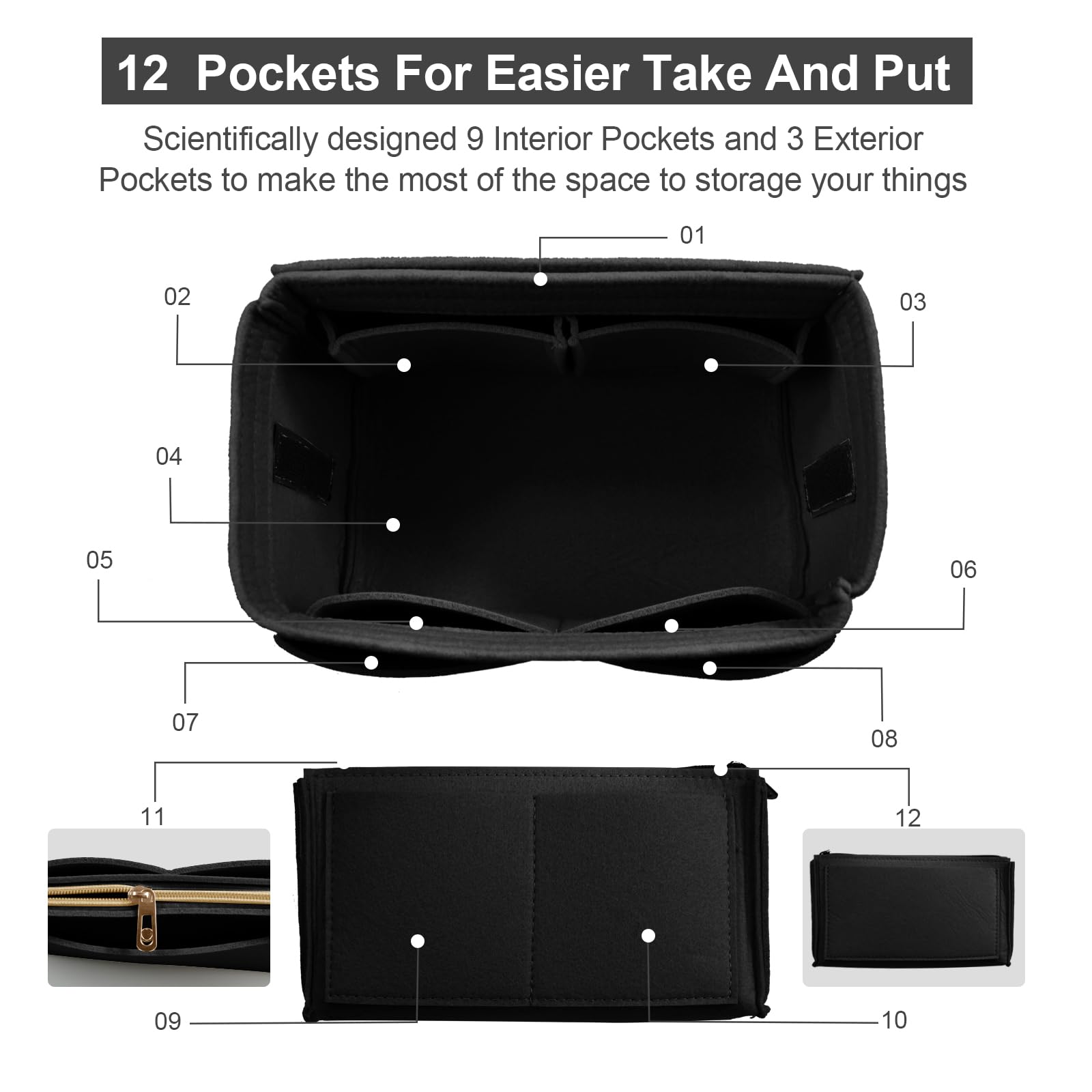 OMYSTYLE Purse Organizer Insert, Felt Tote Bag Organizer Insert with 5 Sizes, Handbag Dividers for Inside Purse, Compatible with Longchamp, Neverful, Speedy and More: Medium Black