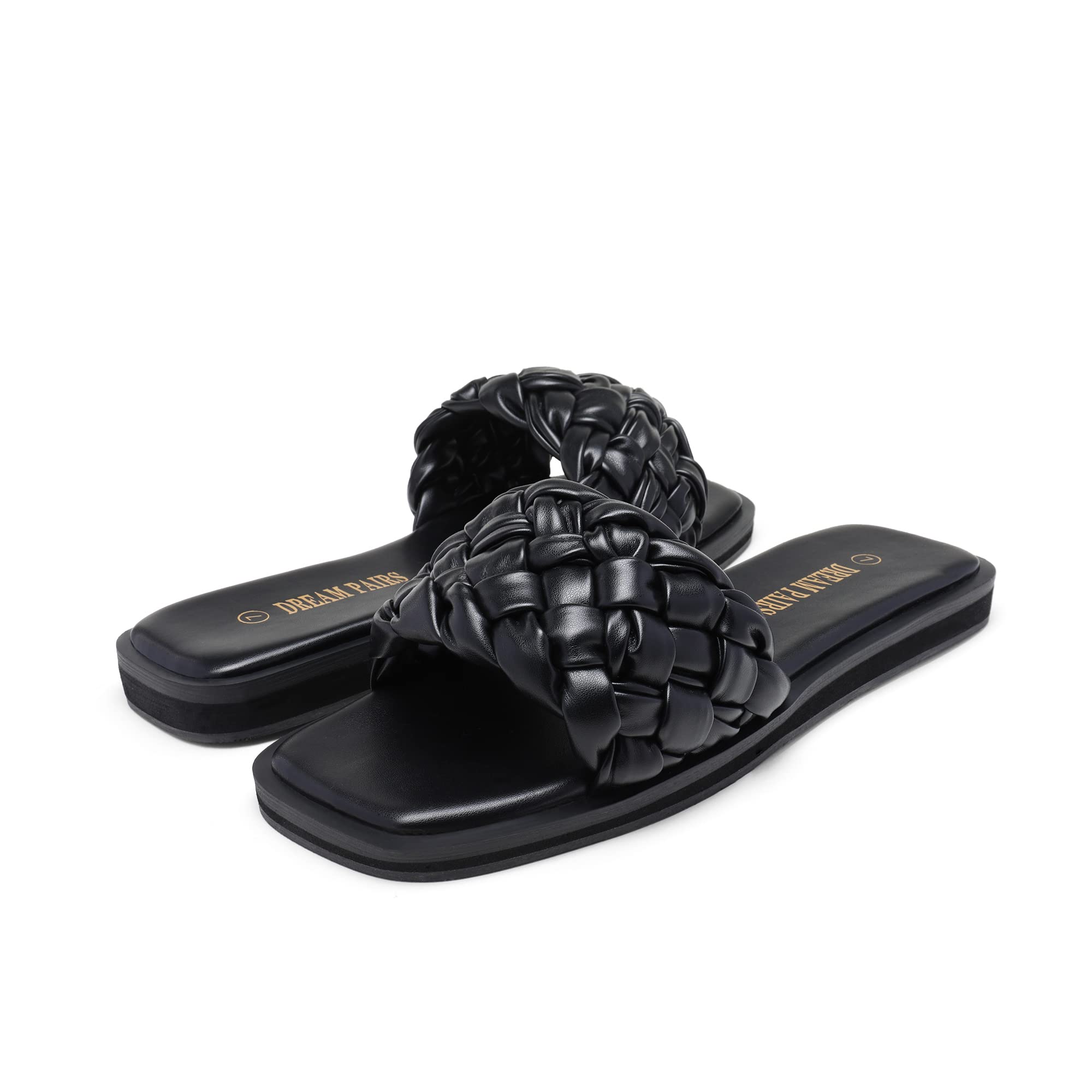 DREAM PAIRS Women's Square Open Toe Slide Sandals Cute Slip on Braided Strap Rhinestone Flat Sandals for Summer: DREAM PAIRS Women's Square Open Toe Slide Sandals Cute Slip on Braided Strap Rhinestone Flat Sandals for Summer