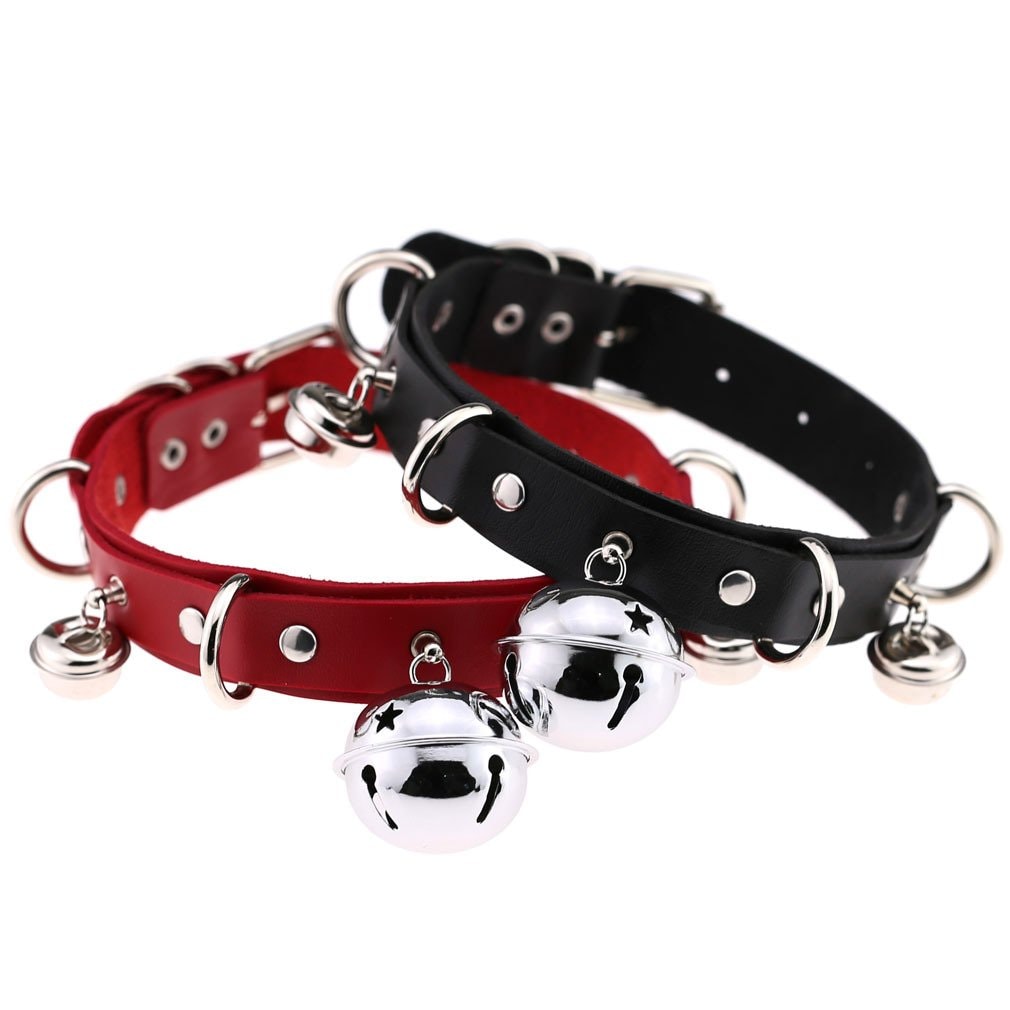 FM FM42 Multicolor PU Simulated Leather Black-tone Silver-tone 4cm Large Bell Rivets Neckband Choker Necklace: Silver-tone Bell &amp; Green
