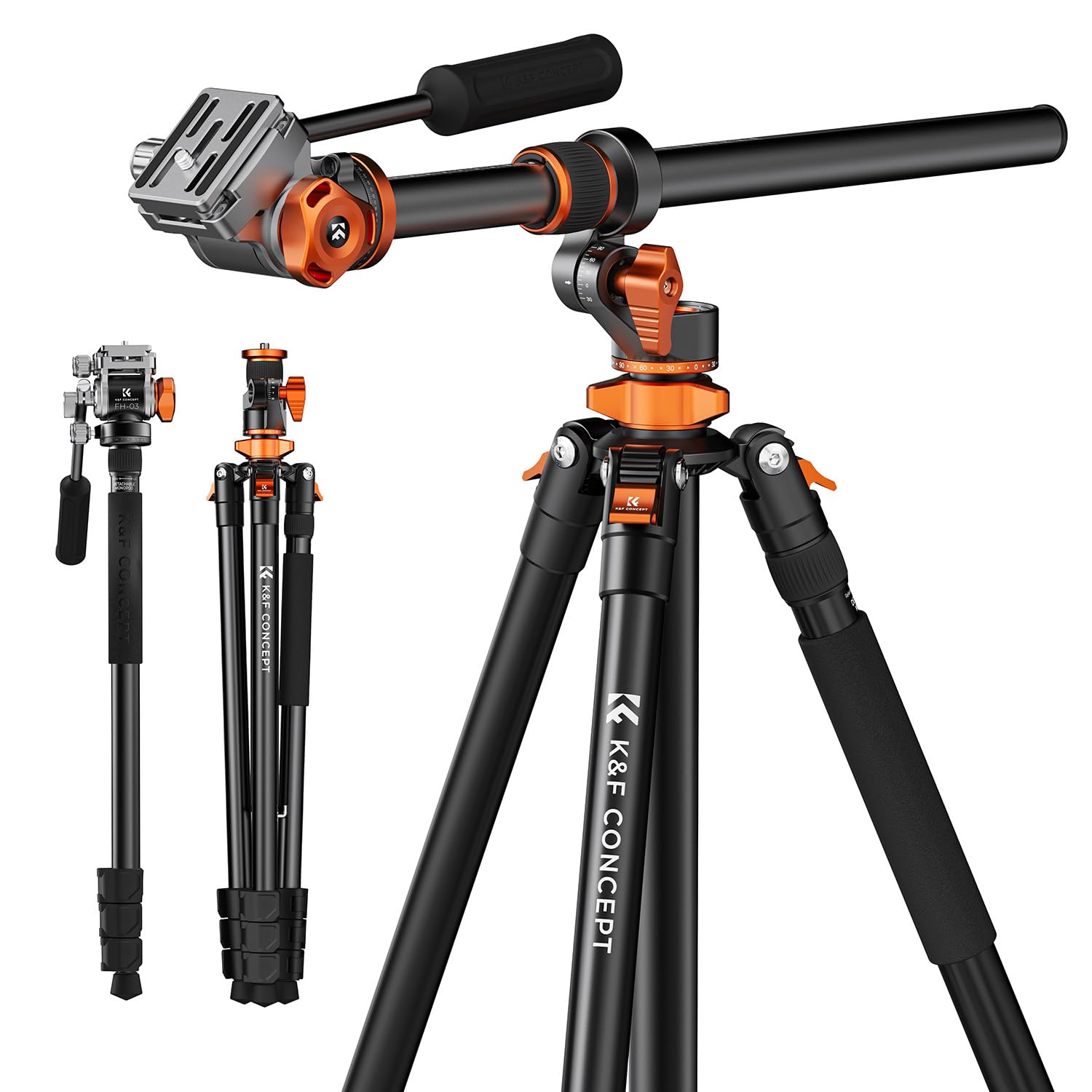 K&F CONCEPT 90''/230cm Ultra High Camera Tripod,Horizontal Overhead Shooting Travel Tripods with Metal Ball Head 10KG Load Capacity,Detachable Monopod, for Indoor and Outdoor Use: T254A7+FH-03