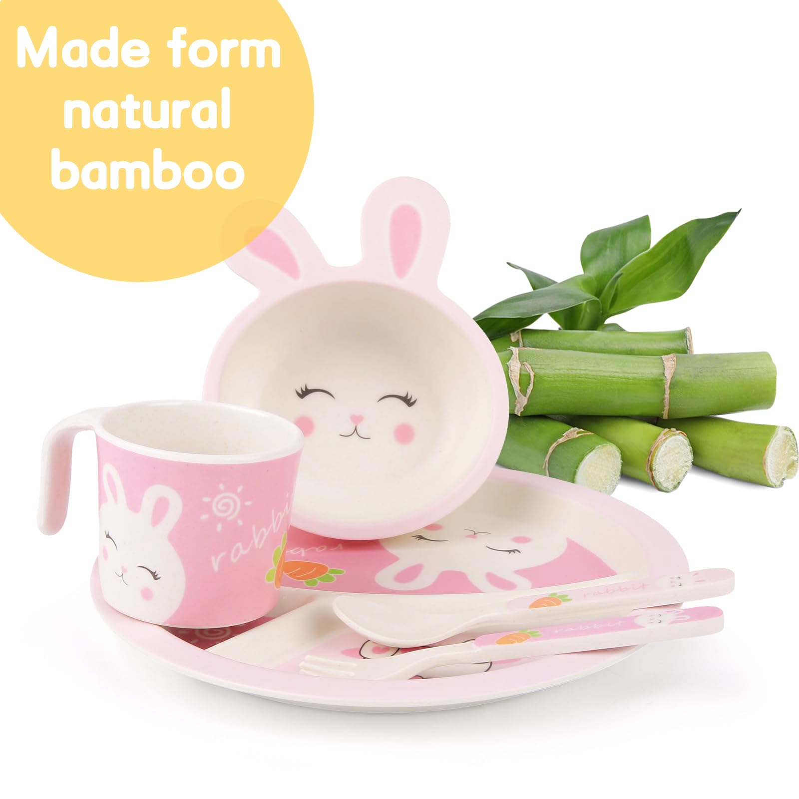 PHEENOWL Rabbit Toddler Plate Set 5 Pieces Includes 3-Section Divided Plate, Bowl, Tumbler and Utensil Tableware, Non-BPA Bamboo Fiber Material Perfect for Girls (Rabbit) thumbnail 8