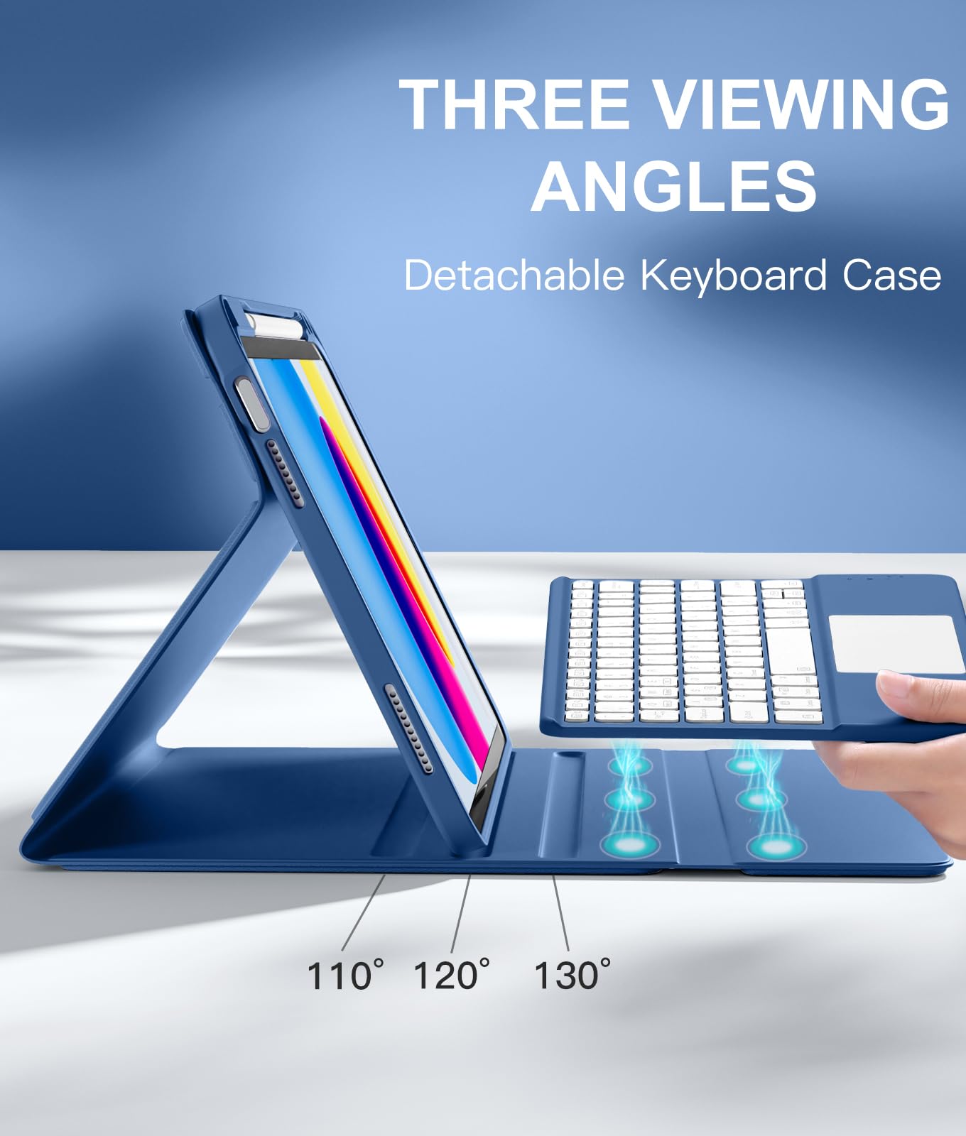 Harvopu Compatible for iPad 11th 10th Generation Case with Keyboard, Folio Cover with Pencil Holder, Multi-Touch Trackpad, 7 Color Backlit, Detachable Keyboard for iPad (A16) 11th/10th Gen (Navy Blue)