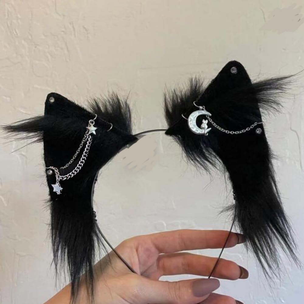 VIGVAN Cat Cosplay Ears Accessories Punk Gothic Cross Cat Ears Headbands Clips: Black Star