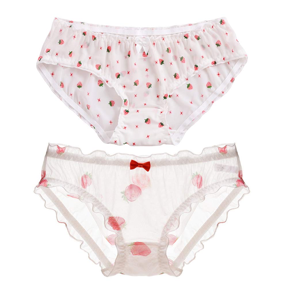 Japanese Stawberry Print Bikini Panties 2 Pack Briefs Cosplay Anime Underwear: One Size 3 Pack Lace Around Style