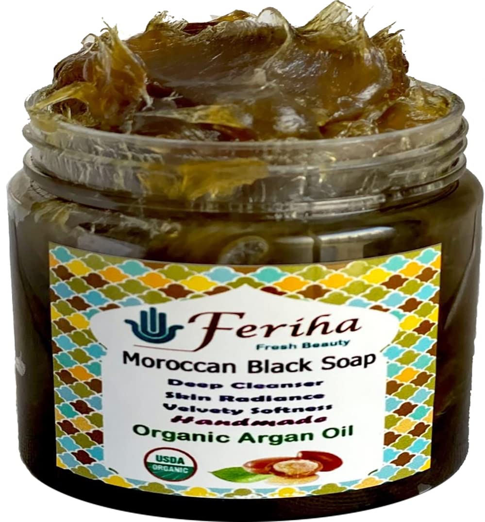 FERIHA Premium Moroccan Black Soap with Organic Argan Oil, 100% Authentic, Artisan Beldi Soap - Sourced, Crafted & Packed in Morocco - Traditional Hammam Formula