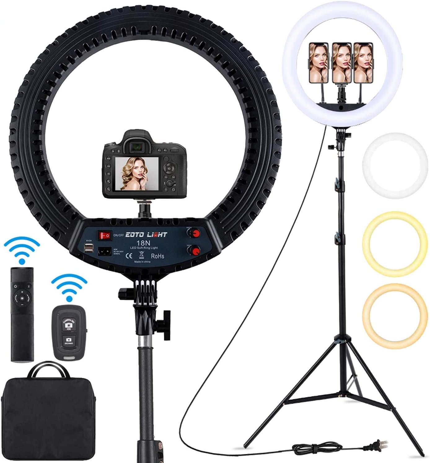 18 inch LED Ring Light with Tripod Stand Dimmable Makeup Selfie Ring light for Studio Portrait YouTube Vlog Video Shooting with Carrying Bag and Remote Controller, CRI 90: 18 inch LED Ring Light with Tripod Stand Dimmable Makeup Selfie Ring light for Studio Portrait YouTube Vlog Video Shooting with Carrying Bag and Remote Controller, CRI 90