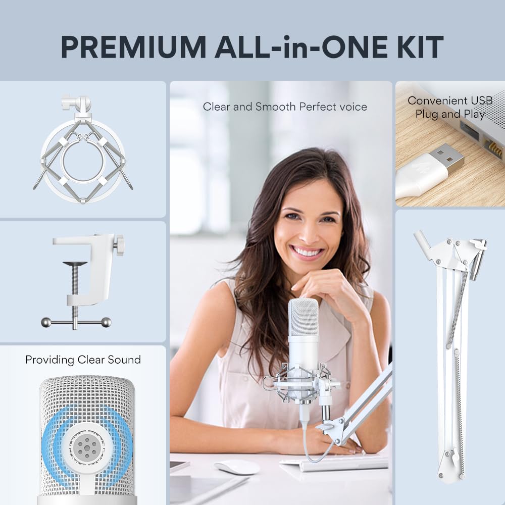 USB Microphone, MAONO 192KHZ/24Bit Plug & Play PC Computer Podcast Condenser Cardioid Metal Mic Kit with Professional Sound Chipset for Recording, Gaming, Singing, YouTube (AU-A04): White