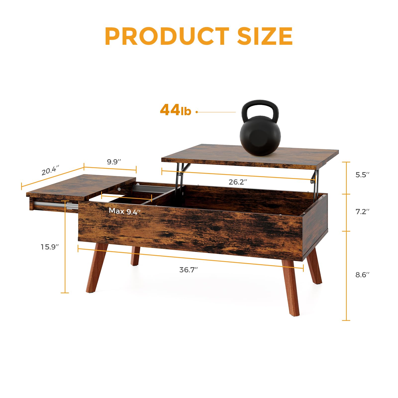 Bidiso Lift Top Coffee Table - Ten Minute Install Center Table with Hidden Storage, Rising Tabletop for Living Room,: Rustic Brown