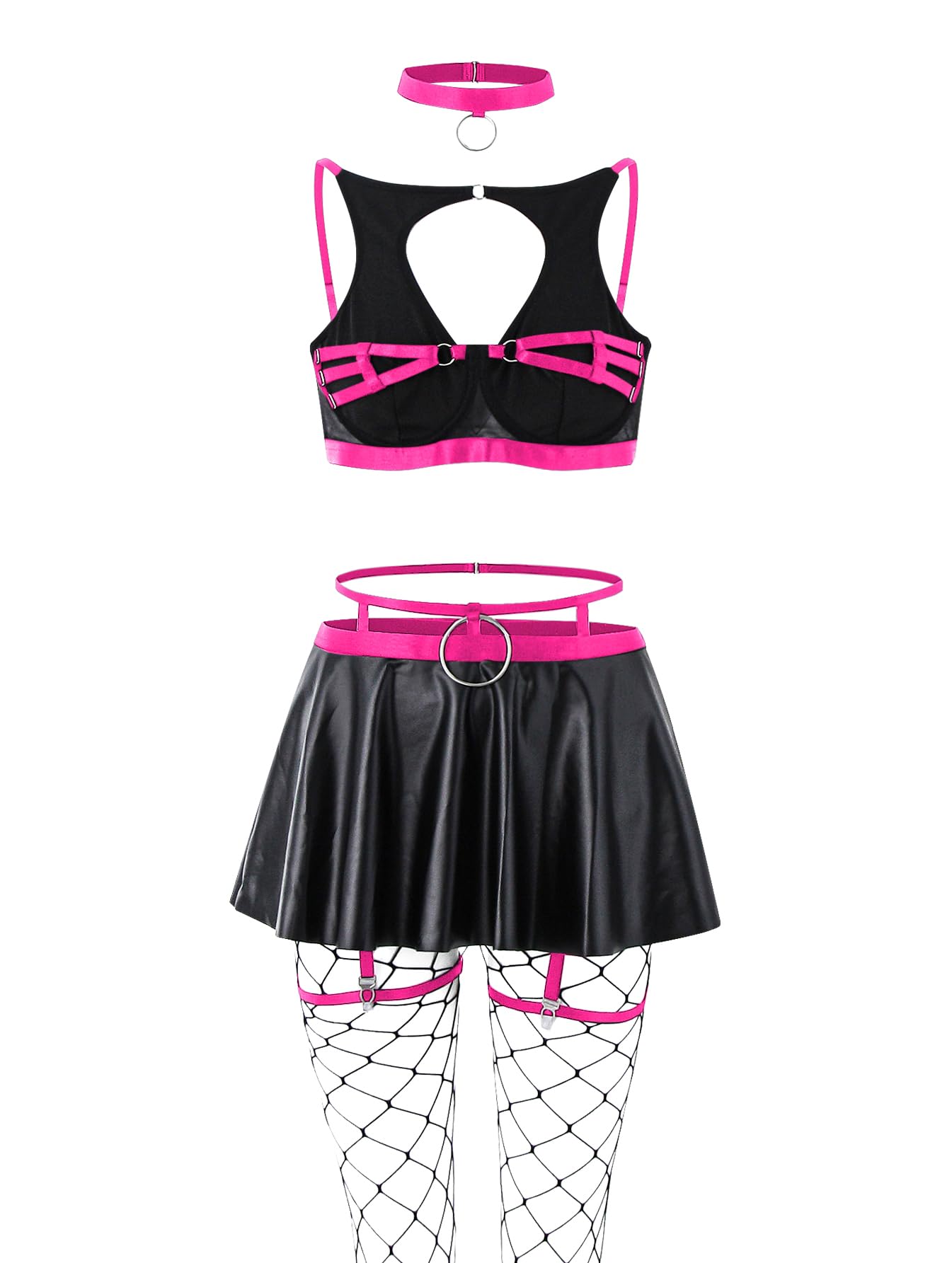Lilosy Sexy Stocking Chocker Strappy Underwire O Ring Push Up Garter Belt Women Skirt 5 Piece: Medium Black Hot Pink