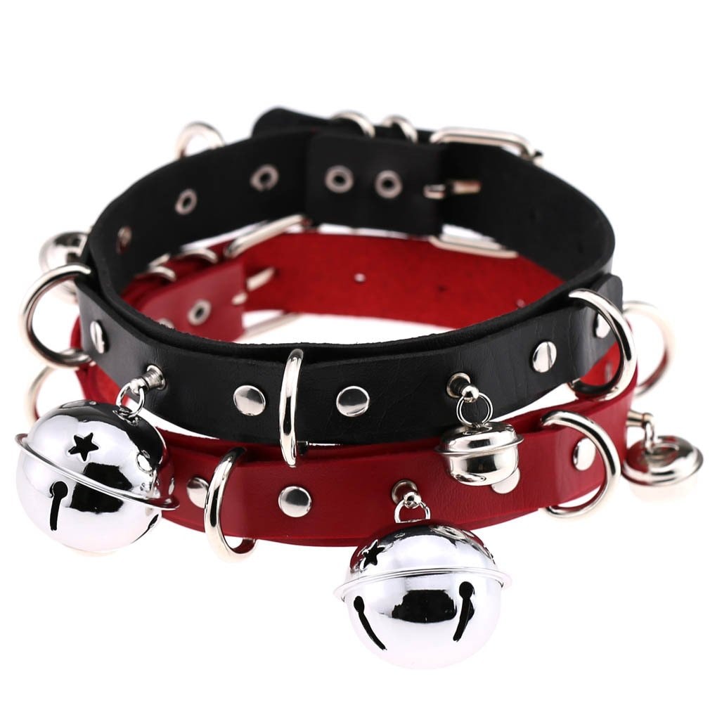 FM FM42 Multicolor PU Simulated Leather Black-tone Silver-tone 4cm Large Bell Rivets Neckband Choker Necklace: Silver-tone Bell &amp; Green