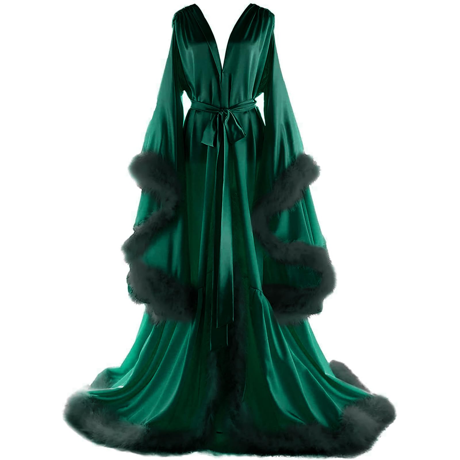 Daily Life Mall Women's Feather Bridal Robes Old Hollywood Maternity Photoshoot Nightgown Silk Bathrobe Long Lingerie: 3X-Large Green+black