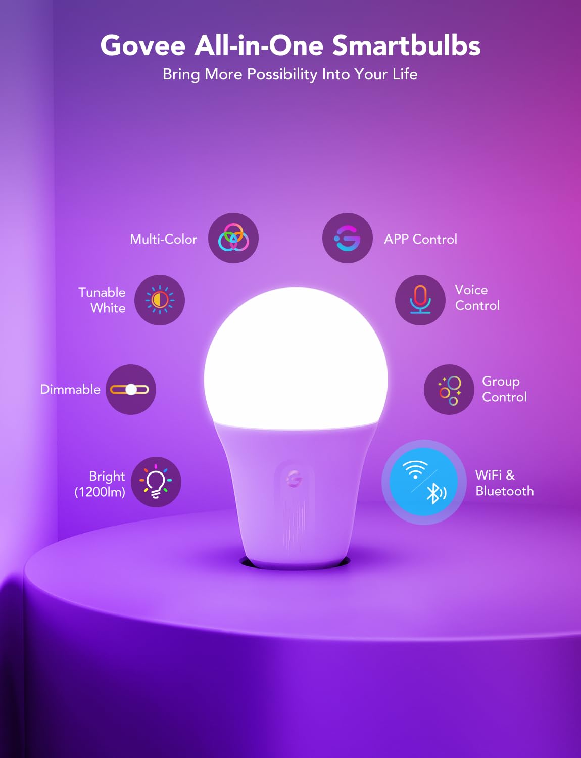 Govee Smart Light Bulbs 100 Lumens, Color Changing Light Bulbs RGBWW Dimmable, Works with Alexa & Google Assistant, Color Lights Bulb, 12W 85W Equivalent A19 LED Bulbs for Bedroom Living Room, 2 Pack: 2