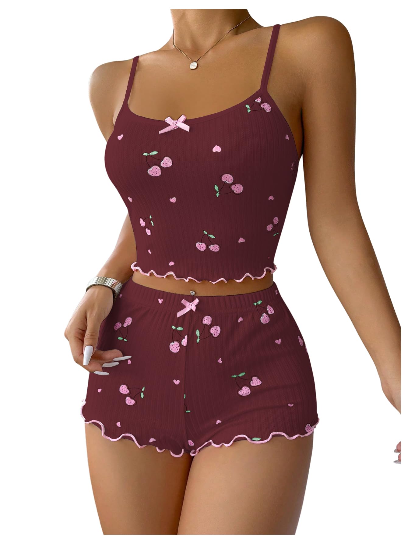 RoseSeek Women's 2 Piece Pajama Set Cherry Spaghetti Strap Bow Cami Tops and Shorts Set Cute Soft Sleepwear Burgundy Large