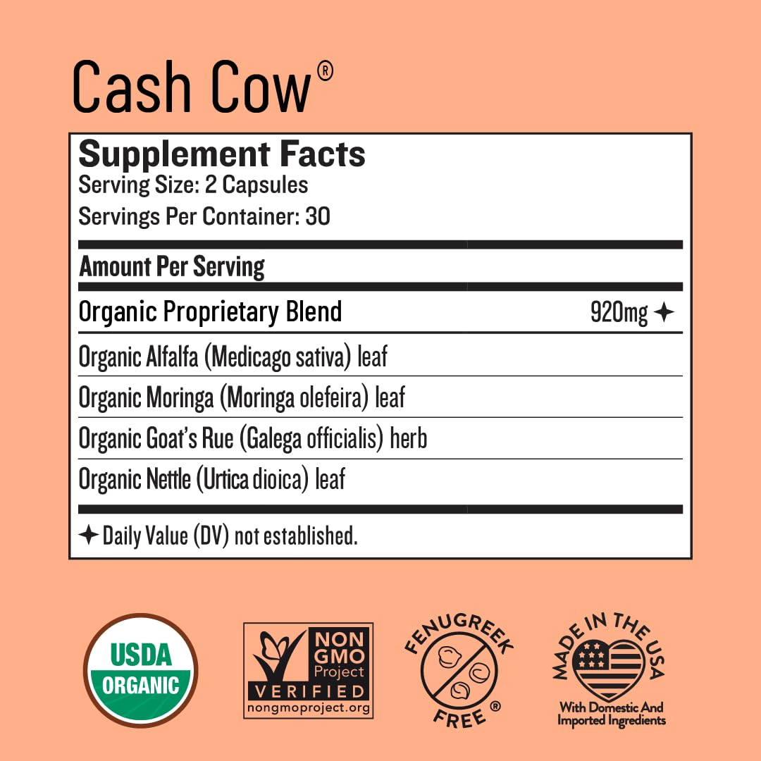 Legendairy Milk Cash Cow Lactation Supplement, Moringa, Alfalfa, and Goat's Rue Breastfeeding Supplement for Milk Supply Increase, Fenugreek-Free, Certified Organic, Vegan, Non-GMO, 60 Capsules thumbnail 6