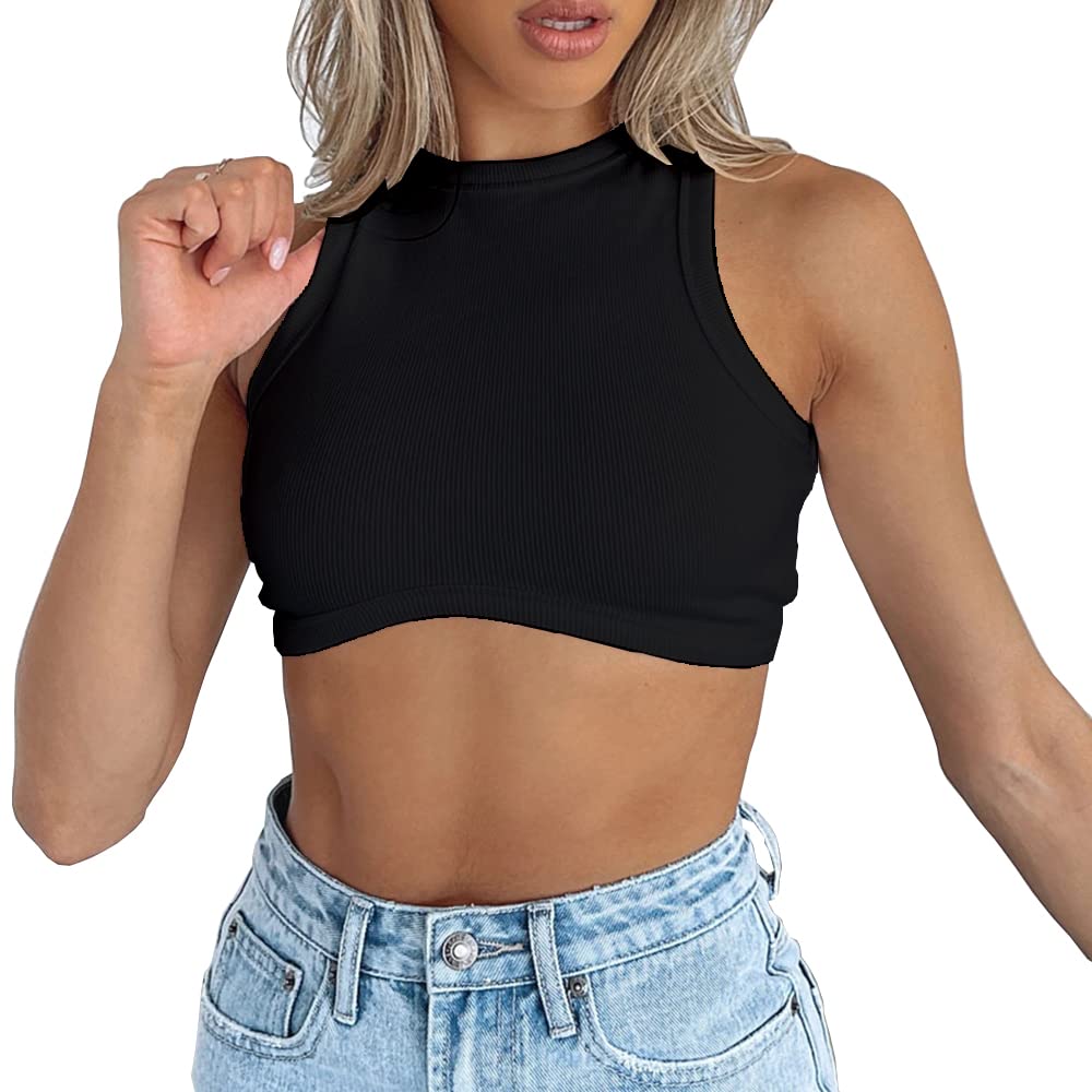 Abardsion Women's Crew Neck Racerback Knit Ribbed Basic Sleeveless Crop Tank Tops - Image 1