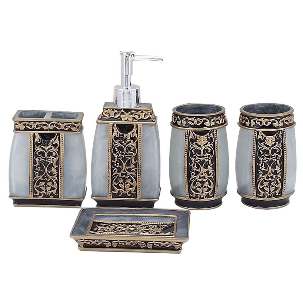 LUANT Creative Bath Ensemble, 5 Piece Bathroom Accessories Set, Collection Bath Set Features Soap Dispenser, Toothbrush Holder, Tumbler, & Soap Dish- Silver: Grey
